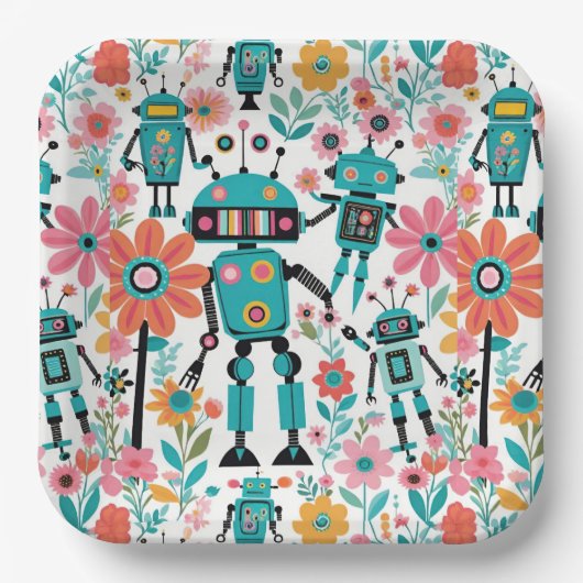 Assiettes En Carton Robots Rétro Mignons Et Fleurs Roses (Recto)
