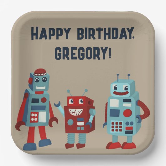 Assiettes En Carton Robots rétro mignons Sci-Fi Boys Anniversaire (Recto)