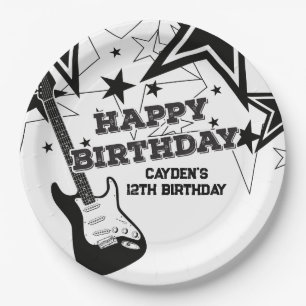 Assiettes En Carton Rock Star Birthday Guitar Black White Stars