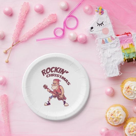 Assiettes En Carton Rockin Christmas, Père Noël rocking avec Guitar In (Fête)