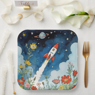 Assiettes En Carton Rockship Sci-Fi Rétro Sur Un Jardin De Nuit
