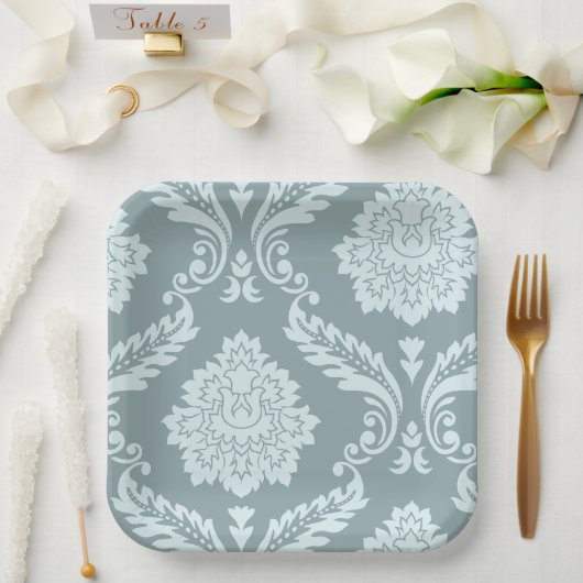 Assiettes En Carton Rococo Damask Art I Duck Egg Blue+Teal (Mariage)