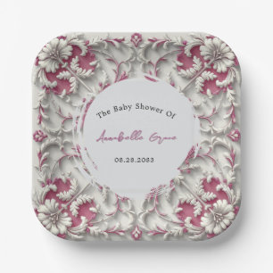 Assiettes En Carton Rococo rose et blanc Baby shower baroque fille