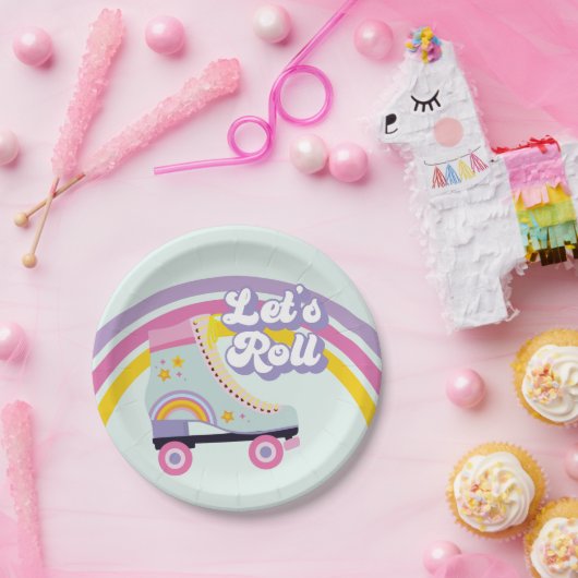 Assiettes En Carton Roller skate Retro Rainbow Anniversaire (Fête)
