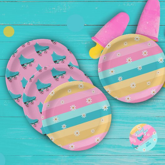 Assiettes En Carton Roller skate Retro Rainbow fête d'anniversaire