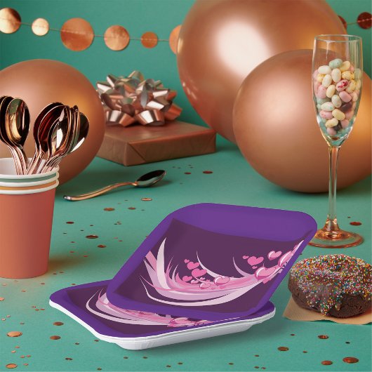 Assiettes En Carton Romantique Abstrait Coeurs Rose Design Sur Violet