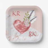 Assiettes En Carton Romantique Boho rose Coeur Plumes marbre marbré ma (Recto)