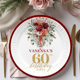 Assiettes En Carton Romantique Bourgogne Or Automne Floral 60e Anniver