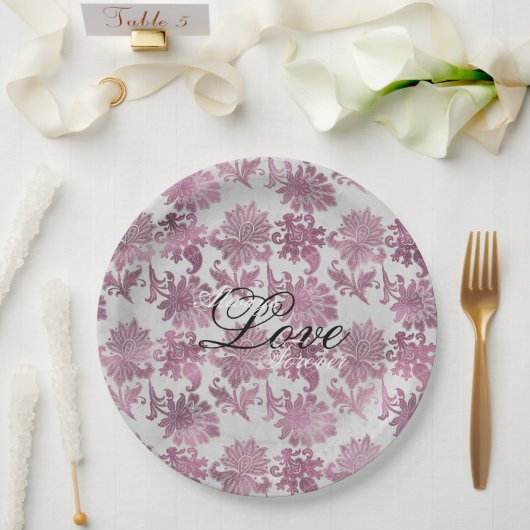 Assiettes En Carton Romantique Bourgogne Rouge Argent Mariage Floral (Mariage)