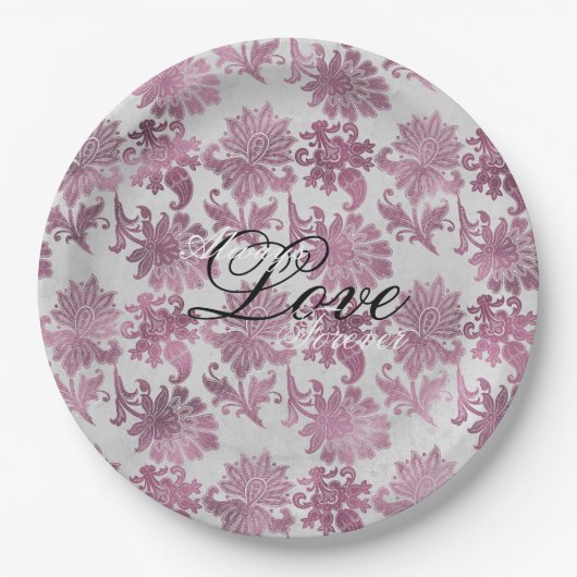 Assiettes En Carton Romantique Bourgogne Rouge Argent Mariage Floral (Devant)