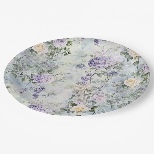 Assiettes En Carton Romantique Crème violet Fleurs Mariage (Angle)