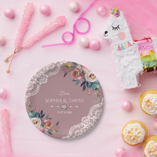 Assiettes En Carton Romantique Dusty bleu Dusty Rose Fleurs Mariage (Fête)