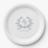 Assiettes En Carton Romantique Dusty Blue Monogram Crest Mariage (Devant)