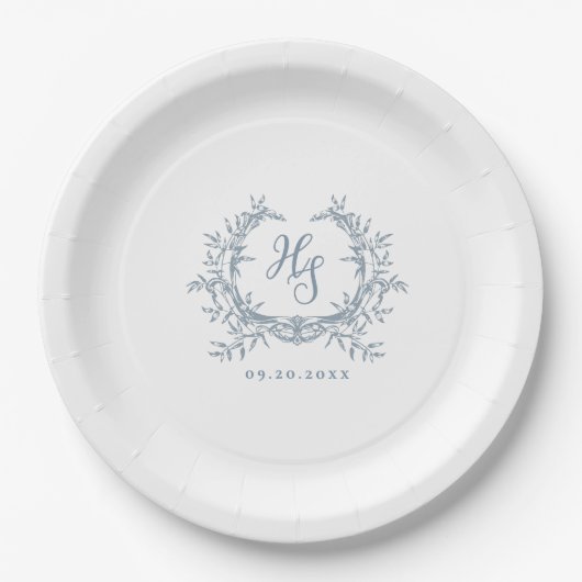 Assiettes En Carton Romantique Dusty Blue Monogram Crest Mariage (Devant)