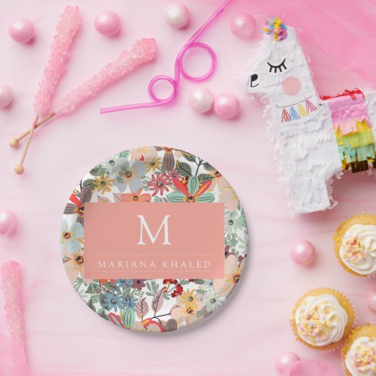 Assiettes En Carton Romantique Floral doux rose vert pêche classique (Fête)