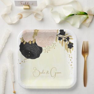 Assiettes En Carton Romantique noir & rose fleurs or mariage