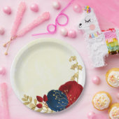 Assiettes En Carton Romantique rouge foncé & bleu marine fleurs or (Fête)