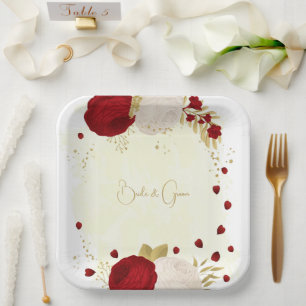 Assiettes En Carton Romantique rouge foncé & fleurs blanches or