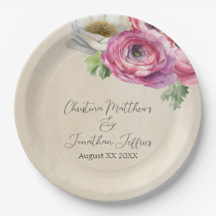 Assiettes En Carton Romantique Rustique Renoncule Rose & Blanche