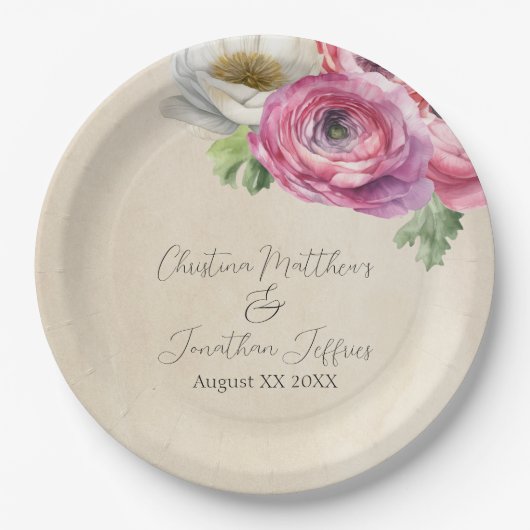 Assiettes En Carton Romantique Rustique rose & blanc Ranunculus (Devant)