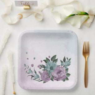 Assiettes En Carton romantique violet poussiéreux et fleurs bleu