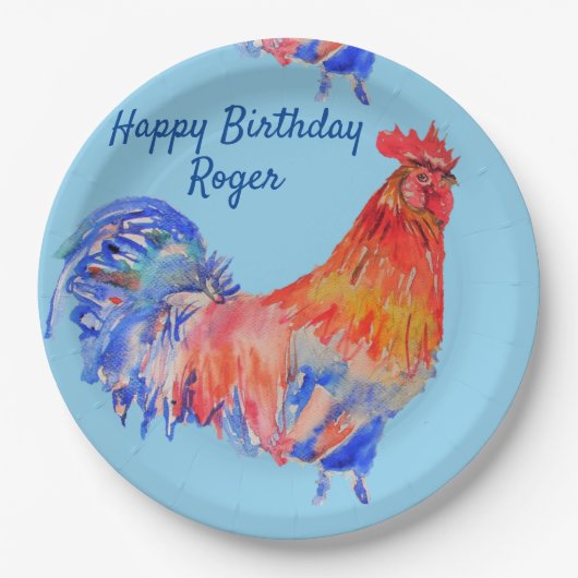 Assiettes En Carton Rooster Rouge Aquarelle Anniversaire Plaque Papier (Devant)