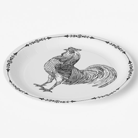 Assiettes En Carton Rooster rustique noir et blanc (Angle)