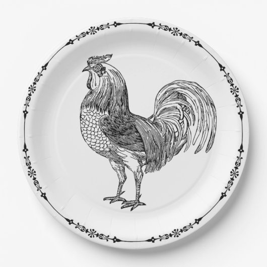 Assiettes En Carton Rooster rustique noir et blanc (Devant)
