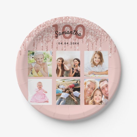 Assiettes En Carton rose 100e anniversaire blush parties scintillant p (Devant)