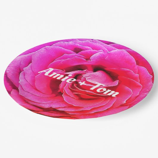 Assiettes En Carton Rose à fleurs roses, Plaques papier personnalisées (Angle)