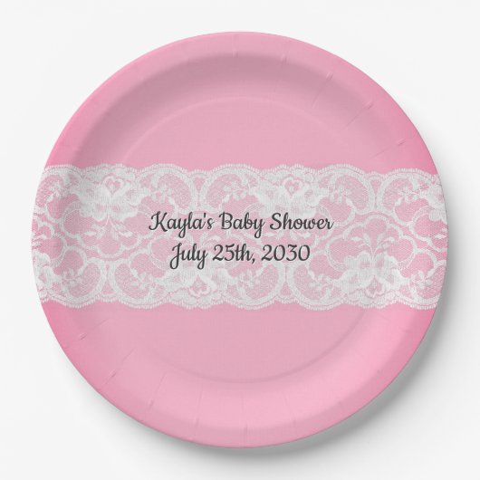 Assiettes En Carton Rose avec Baby shower en dentelle (Devant)