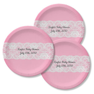Assiettes En Carton Rose avec Baby shower en dentelle