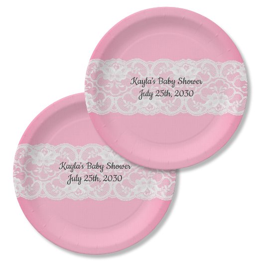Assiettes En Carton Rose avec Baby shower en dentelle