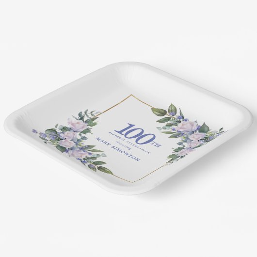 Assiettes En Carton Rose blanche Flore bleu Custom 100e fête d'anniver (Angulaire)
