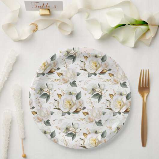 Assiettes En Carton Rose blanche Mariage floral romantique (Mariage)