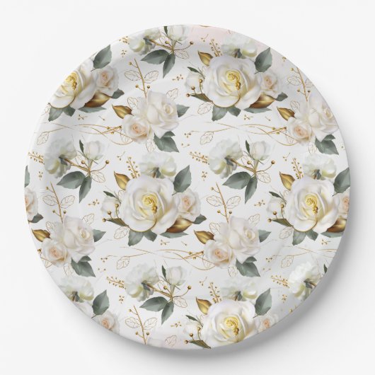 Assiettes En Carton Rose blanche Mariage floral romantique (Devant)