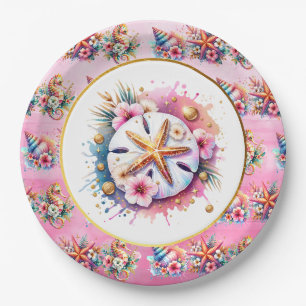 Assiettes En Carton Rose, Bleu et Or Dollar de Sable Côtier Plage