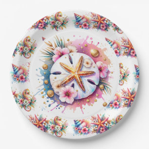 Assiettes En Carton Rose, Bleu et Or Dollar de Sable de la Côte Plage