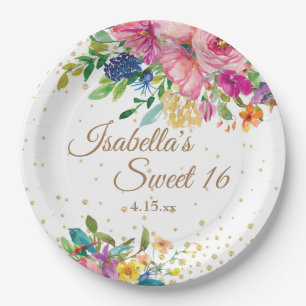 Assiettes En Carton Rose Bleu Jaune Floral Douce 16 Anniversaire Nom
