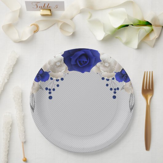 Assiettes En Carton rose bleu royal fleurs blanches grises (Mariage)