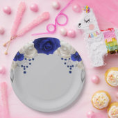 Assiettes En Carton rose bleu royal fleurs blanches grises (Fête)