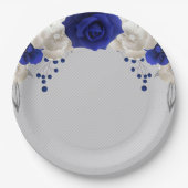 Assiettes En Carton rose bleu royal fleurs blanches grises (Devant)