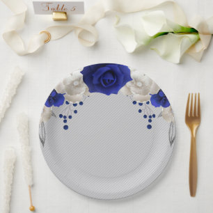 Assiettes En Carton rose bleue royale fleurs blanches grises
