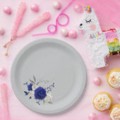 Assiettes En Carton rose bleue royale fleurs blanches grises (Fête)