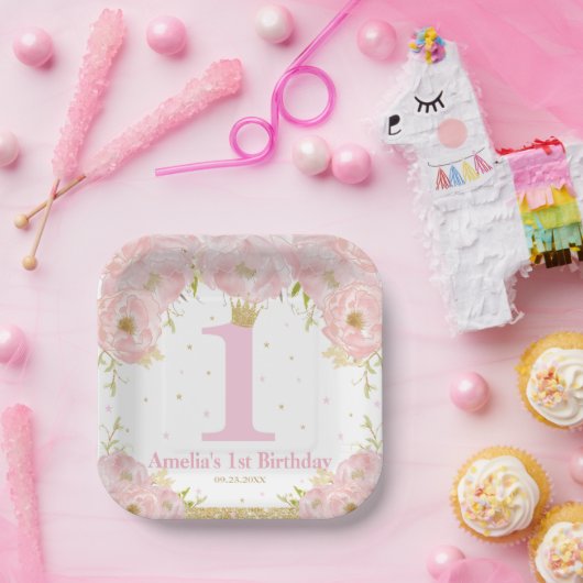 Assiettes En Carton Rose Blush Floral Or 1er anniversaire fille prince (Fête)