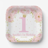 Assiettes En Carton Rose Blush Floral Or 1er anniversaire fille prince (Recto)