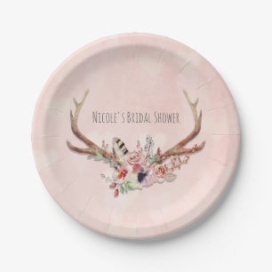 Assiettes En Carton Rose Blush Rose Floral Cerf Bois de Cerf Bohème Ch