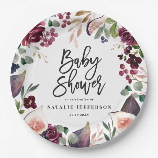 Assiettes En Carton Rose, bordeaux + fig aquarelle floral et script (Devant)