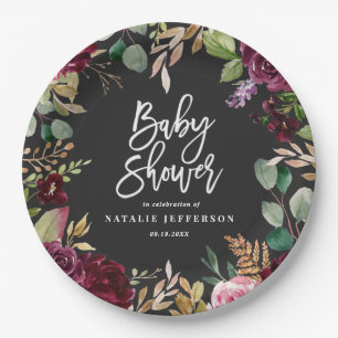 Assiettes En Carton Rose, bordeaux + fig aquarelle floral et script