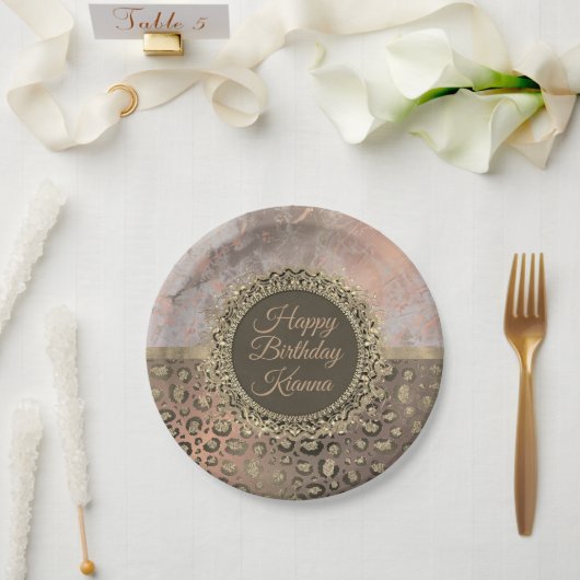 Assiettes En Carton Rose Dusky Marble Glittery Leopard Anniversaire (Mariage)